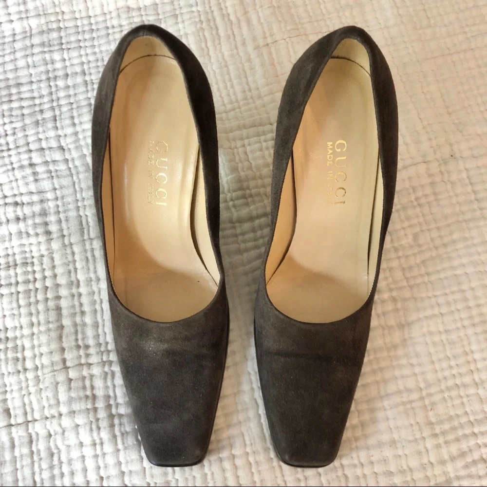 Gucci | Brown Suede Stacked Square Toe Heels